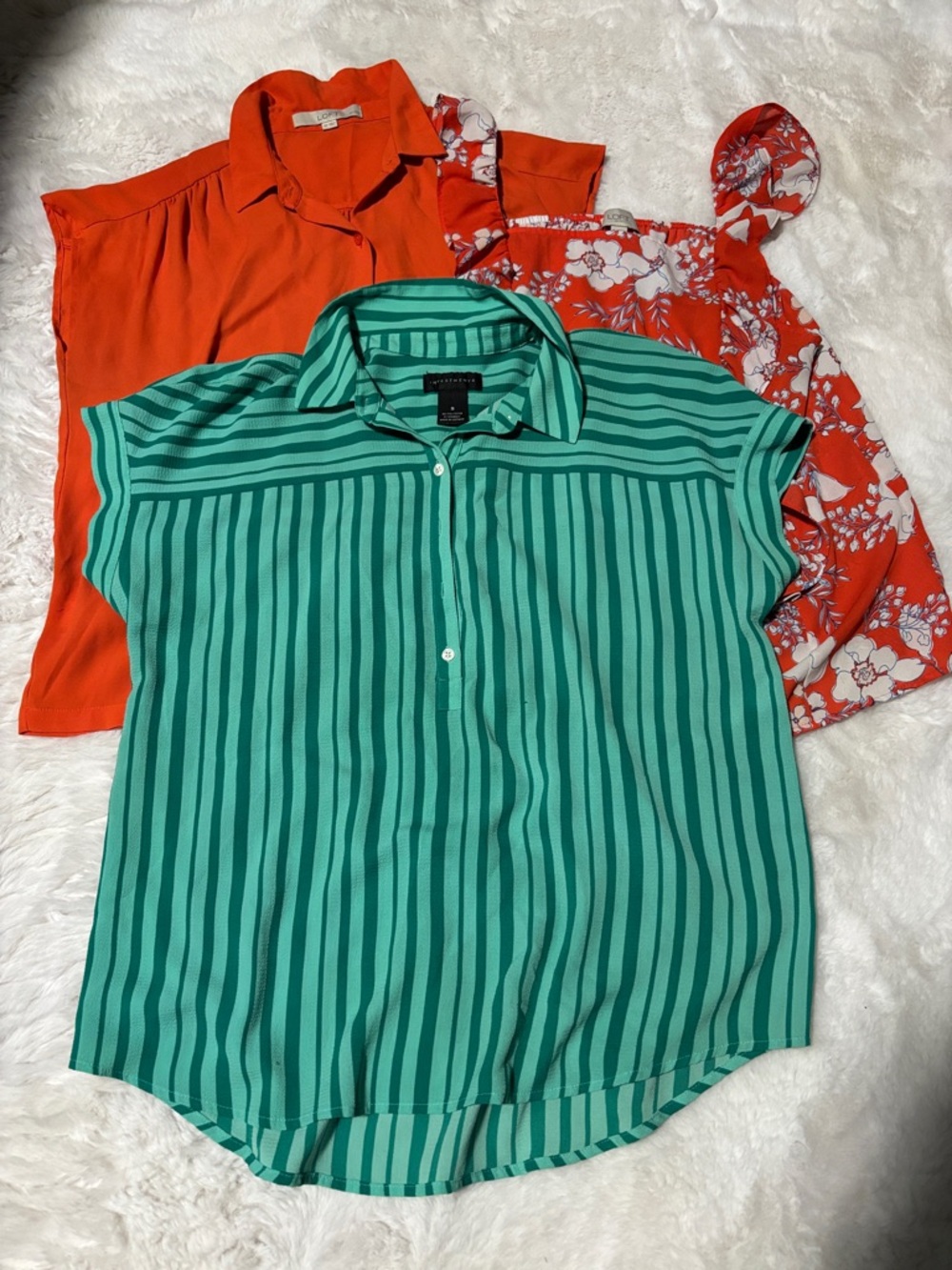 Green Striped Button Front Blouse + Orange & Floral Tops Bundle